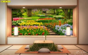 ไอเดียแต่งบ้านสไตล์ญี่ปุ่น ห้องนั่งเล่นปูเสื่อทาทามิพร้อมวอลเปเปอร์วิวสวนทิวลิปหลากสีผ่านช่องหน้าต่าง ดูสงบและผ่อนคลาย