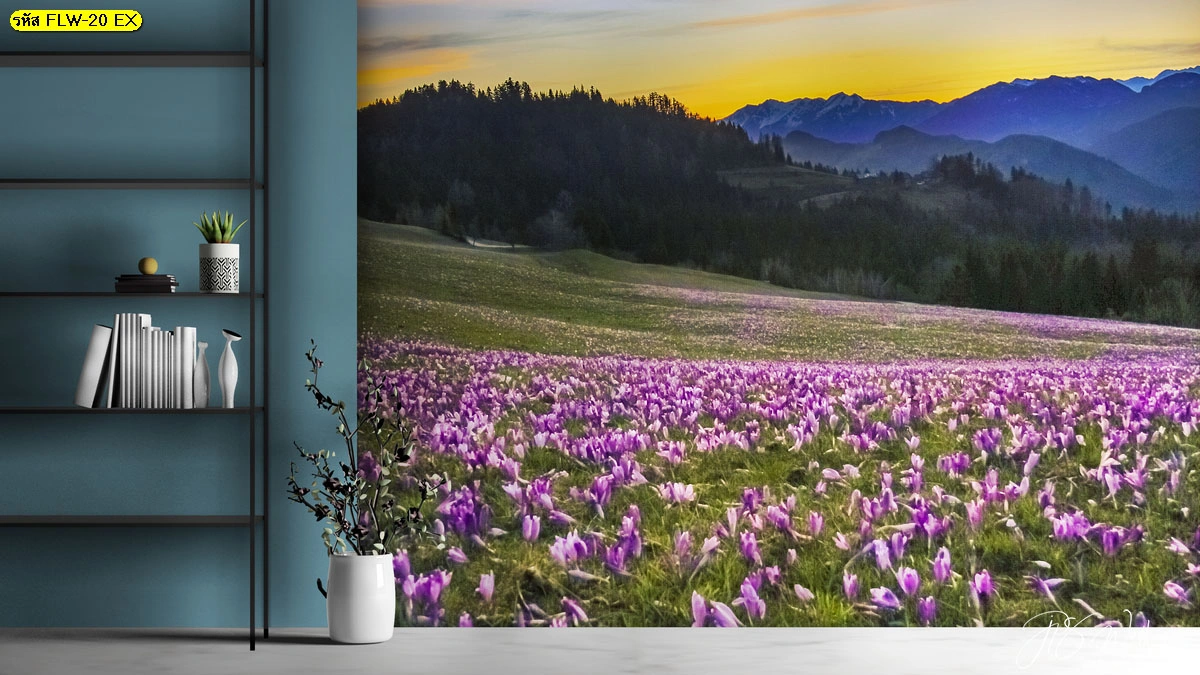 วอลเปเปอร์ภาพวิวทุ่งดอกไม้ สีม่วงโทนอุ่นด้านหน้าป่าและภูเขายามพระอาทิตย์ลับขอบฟ้า ตกแต่งมุมอ่านหนังสือในโฮมออฟฟิศของคนทำงานที่บ้านให้ดูสงบและโรแมนติกขึ้นอย่างชัดเจน
