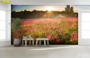 ภาพติดผนังขนาดใหญ่ลายทุ่งดอกไม้สีชมพูบานสะพรั่งเต็มทุ่งพร้อมแสงอาทิตย์สาดส่องยามเช้าช่วยเสริมฮวงจุ้ยและพลังงานบวก