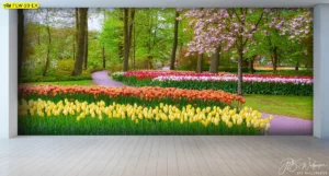 วอลเปเปอร์สั่งพิมพ์ภาพวิว สวนสาธารณะร่มรื่นด้วยต้นไม้ใหญ่และทุ่งทิวลิปหลากสีสันตลอดทางเดิน พักผ่อนสายตาได้ในบ้านคุณ