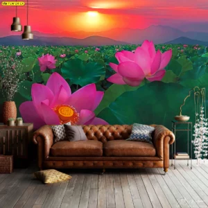 วอลเปเปอร์ลายดอกบัวสีชมพูขนาดใหญ่พร้อมฉากหลังวิวภูเขาและพระอาทิตย์ตกดินช่วยสร้างบรรยากาศสงบผ่อนคลายเหมาะกับห้องพระ