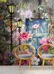 วอลเปเปอร์สั่งพิมพ์ลายดอกไม้ ริมถนนและโคมไฟวินเทจยุโรปสีน้ำ สร้างมิติระยะลึกให้ห้องดูกว้างขึ้น ตกแต่งมุมนั่งเล่นคู่กับเก้าอี้ไม้ สร้างบรรยากาศผ่อนคลาย