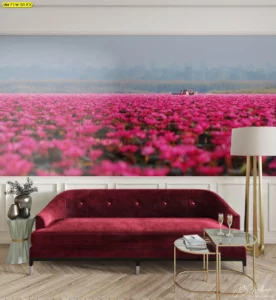 วอลเปเปอร์วิวสวนดอกไม้ ทุ่งดอกบัวแดงบานสะพรั่งเต็มบึงน้ำพร้อมเรือพายพื้นบ้าน ตกแต่งห้องนั่งเล่นให้ดูโดดเด่นหรูหรา