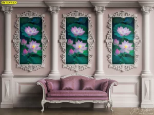 วอลเปเปอร์ลายดอกบัวมงคลในกรอบหลุยส์หรูหรา ตกแต่งผนังห้องโถงหรือทางเดินช่วยเสริมสิริมงคลและความสง่างามด้วยงานพิมพ์คมชัด