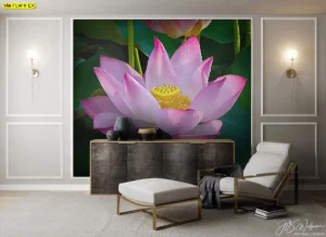 ภาพติดผนังลายดอกบัวสีชมพูขนาดใหญ่สำหรับห้องพระ วอลเปเปอร์สั่งทำช่วยสร้างบรรยากาศที่สงบและผ่อนคลายด้วยภาพธรรมชาติที่สวยงาม