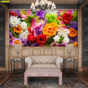 วอลเปเปอร์ลายดอกไม้รวมหลากสีสันสดใส ตกแต่งห้องนั่งเล่นให้ดูหรูหราด้วยภาพพิมพ์คมชัดเสมือนจริงสั่งตัดได้ตามขนาดผนังบ้าน