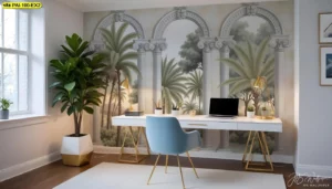วอลเปเปอร์ลายซุ้มประตู วิวสวนปาล์มริมทะเลโทนสีอบอุ่น สำหรับตกแต่งมุมทำงานให้ดูภูมิฐานและช่วยสร้างบรรยากาศที่เงียบสงบมีสมาธิ