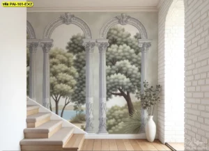 ตกแต่งผนังโถงบันไดให้ดูโอ่อ่าด้วยวอลเปเปอร์ลายซุ้มประตูโรมันเปิดรับวิวทะเลสาบและทิวไม้ช่วยลวงตาให้พื้นที่แคบดูกว้างขวางและมีมิติความลึกที่น่าสนใจ