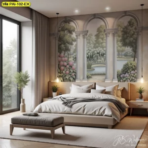 วอลเปเปอร์ภาพวิวสระน้ำและสวนดอกไม้ผ่านซุ้มประตูสไตล์ยุโรป เพิ่มมิติความลึกให้ห้องนอนดูกว้างขวางและสวยงามระดับโรงแรมหรู