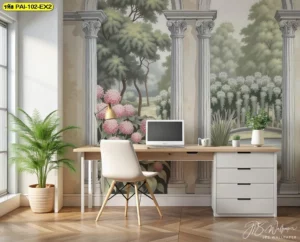 วอลเปเปอร์ลายซุ้มประตูโรมันวิวสวนดอกไฮเดรนเยียสีชมพูและสะพานไม้ ช่วยสร้างบรรยากาศห้องทำงานให้ดูสดชื่นและมีสมาธิเหมือนนั่งทำงานอยู่ท่ามกลางธรรมชาติ