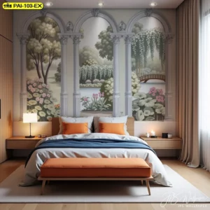 วอลเปเปอร์สั่งพิมพ์ลายซุ้มประตูวิวสะพานไม้และต้นวิลโลว์ริมน้ำสร้างบรรยากาศสงบเย็นสไตล์สวนจีนช่วยให้ห้องนอนดูโปร่งโล่งและผ่อนคลายเหมาะแก่การพักผ่อน