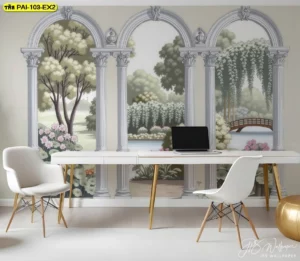 วอลเปเปอร์ภาพวิวสระและสะพานไม้ผ่านซุ้มประตูโค้งสไตล์สวนอังกฤษสำหรับห้องนั่งเล่น