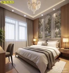 วอลเปเปอร์สั่งตัดลายกรุผนังเสาโรมันพร้อมวิวป่าไม้ร่มรื่น เข้ากับโคมไฟระย้าช่วยยกระดับความหรูหราโอ่อ่าให้กับห้องนอนของคุณได้ทันที