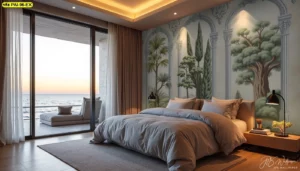 วอลเปเปอร์ลายซุ้มประตู วิวทะเลและต้นสนไซเปรสสไตล์เมดิเตอร์เรเนียน สร้างบรรยากาศการพักผ่อนที่เหนือระดับให้กับห้องนอนวิวทะเล