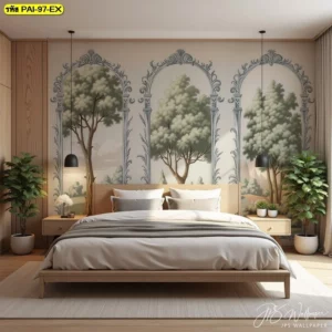 ไอเดียแต่งห้องนอนด้วยวอลเปเปอร์ลายซุ้มโค้งโครงเหล็กดัดสไตล์ยุโรปและวิวสวนป่า เหมาะสำหรับผู้ที่ชื่นชอบความงามแบบคลาสสิกวินเทจ