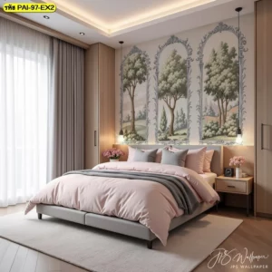 วอลเปเปอร์สั่งพิมพ์ลายซุ้มประตูสไตล์คลาสสิกวิวธรรมชาติโทนสีนุ่มนวล เข้ากันได้ดีกับชุดเครื่องนอนสีชมพูเพื่อความสวยหวานลงตัว