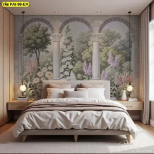 ภาพพิมพ์ผ้าแคนวาสลายสวนดอกไม้ในซุ้มหินสไตล์วินเทจสีพาสเทลสำหรับตกแต่งหัวเตียงห้องนอน