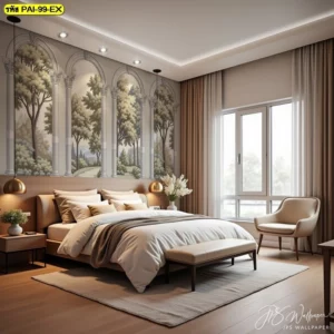 วอลเปเปอร์ลายซุ้มประตู สไตล์โรมันวิวสวนป่าธรรมชาติสีเขียวสบายตา สำหรับตกแต่งผนังหัวเตียงห้องนอนสไตล์คลาสสิกให้ดูหรูหราและกว้างขึ้น