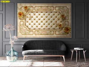 ภาพติดผนังลายกรอบหลุยส์สีทองประดับดอกกุหลาบ 3 มิติบนพื้นหลังลายบุหนังสีครีมเหมาะสำหรับตกแต่งห้องรับแขกให้ดูหวานซ่อนเปรี้ยวและหรูหรา