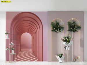 ภาพติดผนังลายซุ้มโค้งมิติสีชมพูพาสเทล ไล่ระดับแสงเงาช่วยสร้างมิติลวงตาให้ห้องดูยาวขึ้น เหมาะสำหรับมุมถ่ายรูปในคาเฟ่หรือห้องนั่งเล่นสไตล์หวานทันสมัย