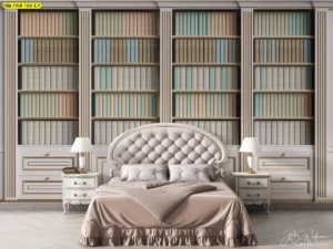 วอลเปเปอร์ลายชั้นหนังสือวินเทจสีขาวครีม ตกแต่งหัวเตียงห้องนอนสไตล์คลาสสิก ช่วยสร้างบรรยากาศแห่งการเรียนรู้ที่ดูสะอาดตา สว่าง และผ่อนคลายสำหรับการพักผ่อน