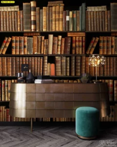 วอลเปเปอร์ลายห้องสมุดหนังสือเก่าปกหนังโทนสีเข้ม สร้างบรรยากาศขรึมขลังและมีเสน่ห์แบบย้อนยุค เหมาะสำหรับตกแต่งห้องทำงานผู้บริหารหรือมุมอ่านหนังสือส่วนตัว