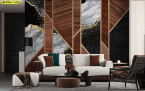 วอลเปเปอร์ติดผนังห้องนั่งเล่นลายกราฟิกเรขาคณิต ผสมผสานลวดลายหินอ่อนตัดขอบทองและลายไม้ธรรมชาติ มอบความรู้สึกโมเดิร์นลักซ์ชูรี่ที่ดูอบอุ่นและทันสมัยในเวลาเดียวกัน