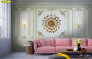 วอลเปเปอร์ภาพศิลปะคลาสสิกกรอบปูนปั้นหรู เหมาะสำหรับตกแต่งผนังบ้านและโรงแรมระดับพรีเมียม