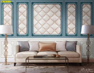 ภาพกราฟิกวอลเปเปอร์ลายบุหนังสีขาวครีมในกรอบหลุยส์สีฟ้าพาสเทลตกแต่งห้องนั่งเล่นสไตล์วินเทจสร้างบรรยากาศอบอุ่นและดูมีระดับ