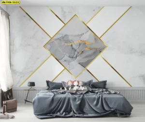 แต่งห้องนอนหรูสไตล์โมเดิร์นด้วยวอลเปเปอร์ลายหินอ่อนสีขาวเทาตัดเส้นทองรูปทรงสี่เหลี่ยมข้าวหลามตัดสวยงามทันสมัย