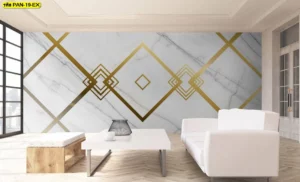 ตกแต่งห้องรับแขกให้ดูแพงด้วยวอลเปเปอร์ลายหินอ่อนสีขาวตัดเส้นสีทองรูปสี่เหลี่ยมซ้อนกันสไตล์ Modern Luxury