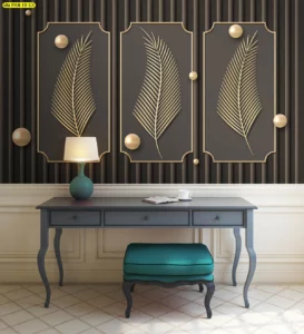 วอลเปเปอร์ติดผนัง 3D ลายใบไม้สีทองในกรอบรูปทรงสี่เหลี่ยมผืนผ้าบนพื้นหลังสีเข้ม ช่วยเพิ่มมิติให้ห้องทำงานดูภูมิฐานและทันสมัย