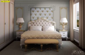 ไอเดียตกแต่งห้องนอนด้วยวอลเปเปอร์ลายบุหนังสีขาวสะอาดตาประดับหมุดทองเข้ากับเฟอร์นิเจอร์สไตล์ยุโรปสร้างความรู้สึกหรูหราและผ่อนคลาย