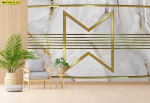 ภาพกราฟิกติดผนังลายหินอ่อนสีขาวริ้วทองพร้อมเส้นสายเรขาคณิตสีทองขนาดใหญ่เพิ่มความหรูหราให้กับมุมพักผ่อน