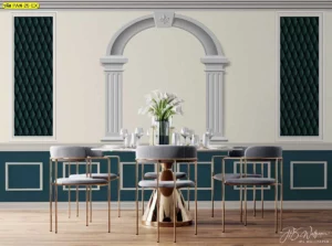 ฉากหลังห้องรับประทานอาหารตกแต่งด้วยวอลเปเปอร์ลายซุ้มโค้งสไตล์โรมันสีขาวตัดกับลายบุหนังสีเขียวเข้มเพิ่มความโดดเด่นให้กับมื้ออาหาร