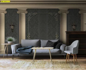 ภาพติดผนังลายเสาโรมันโบราณสีครีมตัดกับลวดลายลูกไม้สีเทาเข้ม สร้างบรรยากาศความยิ่งใหญ่และสง่างามให้กับห้องโถงภายในบ้าน