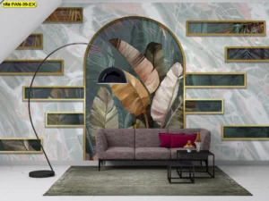 วอลเปเปอร์ลายใบไม้เขตร้อนในกรอบเรขาคณิตสีทอง พื้นหลังลายหินอ่อน เพิ่มความสดชื่นจากธรรมชาติผสานความหรูหรา เหมาะสำหรับห้องรับแขกที่ต้องการความผ่อนคลาย