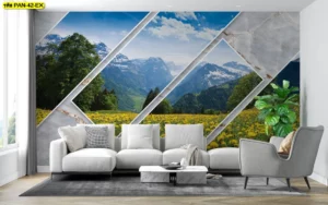 ภาพติดผนังขยายห้องให้ดูกว้างขึ้น ดีไซน์กรอบหินอ่อนเรขาคณิตซ้อนทับวิวภูเขาหิมะและทุ่งดอกไม้สีเหลือง วอลเปเปอร์กรุผนังลายวิวธรรมชาติสไตล์ยุโรป