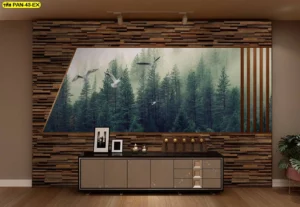 ภาพวิวแต่งห้องรับแขกสไตล์โมเดิร์น 3 มิติ ลายป่าสนและนกบินผ่านกรอบไม้ระแนงสีน้ำตาลเข้ม ช่วยปรับห้องให้ดูอบอุ่น รับพิมพ์สติ๊กเกอร์ 3M ติดกระจกลายวิว
