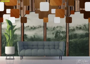 วอลเปเปอร์กรุผนังลายวิวธรรมชาติผ่านช่องหน้าต่างไม้สี่เหลี่ยม มองเห็นป่าหมอกสีเขียวสบายตา วอลเปเปอร์สั่งตัดภาพวิวติดผนังขนาดใหญ่