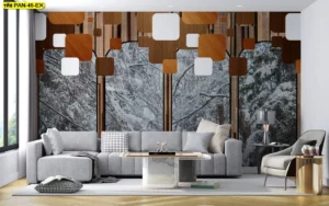 วอลเปเปอร์กรุผนังลายวิวธรรมชาติ บรรยากาศป่าหิมะสีขาวผ่านกรอบหน้าต่างไม้โมเดิร์น ให้ความรู้สึกเย็นสบายและสงบเงียบ ภาพวิวแต่งห้องรับแขกสไตล์โมเดิร์น 3 มิติ