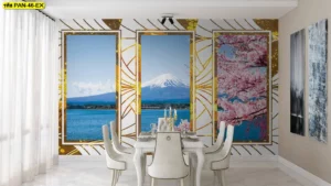 วอลเปเปอร์ติดผนังลายวิวหน้าต่างมองเห็นธรรมชาติ เป็นภาพภูเขาไฟฟูจิและดอกซากุระผ่านกรอบสีทองหรูหรา วอลเปเปอร์กรุผนังลายวิวธรรมชาติสำหรับห้องอาหาร
