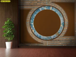 ภาพตกแต่งผนังลายวงกลมเรขาคณิตโทนสีน้ำตาลทองและสีฟ้าคราม เหมาะสำหรับแต่งห้องทำงานหรือมุมพักผ่อนที่ต้องการความสงบและแฝงไปด้วยความคิดสร้างสรรค์ทางศิลปะ