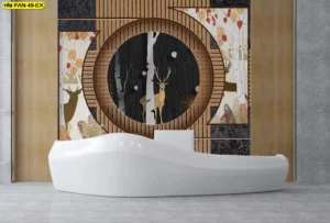 ภาพกราฟิกตกแต่งเคาน์เตอร์ต้อนรับลายกวางในป่าสนยามค่ำคืน ดีไซน์วงกลมซ้อนไม้ระแนง ให้ความรู้สึกต้อนรับที่อบอุ่นและใกล้ชิดธรรมชาติอย่างมีศิลปะ