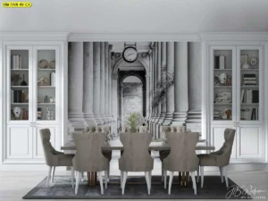 ไอเดียตกแต่งห้องทานอาหารด้วยวอลเปเปอร์ลายสถาปัตยกรรมโรมันคลาสสิก ภาพซุ้มประตูมิติสีขาวดำช่วยเพิ่มความลึกให้ห้องดูโอ่อ่าหรูหราและกว้างขวางขึ้นอย่างมีระดับ