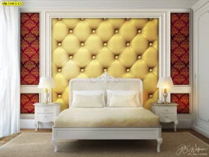 วอลเปเปอร์ติดผนังลายบุหนังสีทองอร่ามขนาดใหญ่ตกแต่งผนังหัวเตียงห้องนอนสไตล์หรูหราเพิ่มความสว่างและมิติให้ห้องดูสวยงาม