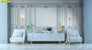 ภาพติดผนังสั่งพิมพ์ลายหลุยส์สีฟ้าพาสเทล เพิ่มความกว้างและสว่างให้ห้องรับแขก พร้อมลายเส้นบัวผนังที่คมชัดสมจริงทุกมุมมอง