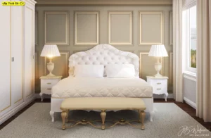 วอลเปเปอร์สไตล์โมเดิร์นคลาสสิกสีครีมทอง ตกแต่งหัวเตียงห้องนอนให้ดูหรูหรา มีระดับ เข้ากับเฟอร์นิเจอร์สไตล์วินเทจได้อย่างลงตัว