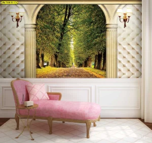 วอลเปเปอร์สั่งตัดภาพวิวติดผนังขนาดใหญ่ ลายซุ้มโค้งโรมันมองเห็นทางเดินในสวนฤดูใบไม้ร่วงสีเหลืองทอง เหมาะสำหรับตกแต่งมุมนั่งเล่นให้ดูหรูหรามีระดับ