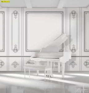 วอลเปเปอร์ติดผนังลายคิ้วบัว 3D สีขาวสไตล์หลุยส์คลาสสิก เหมาะสำหรับห้องดนตรีหรือห้องโถงที่ต้องการความหรูหราโอ่อ่าแบบตะวันตก